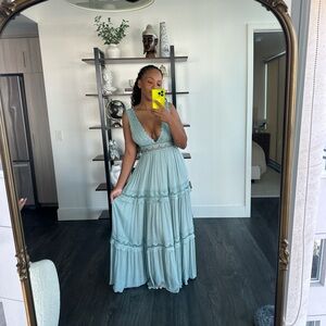 Elegant Blue Lace Trim Maxi Dress